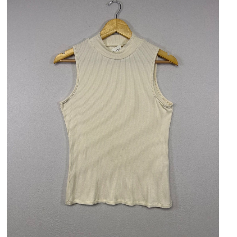 Minimalist Cyrus Essentials Women M Cream Ribbed Mock Neck Sleeveless Top